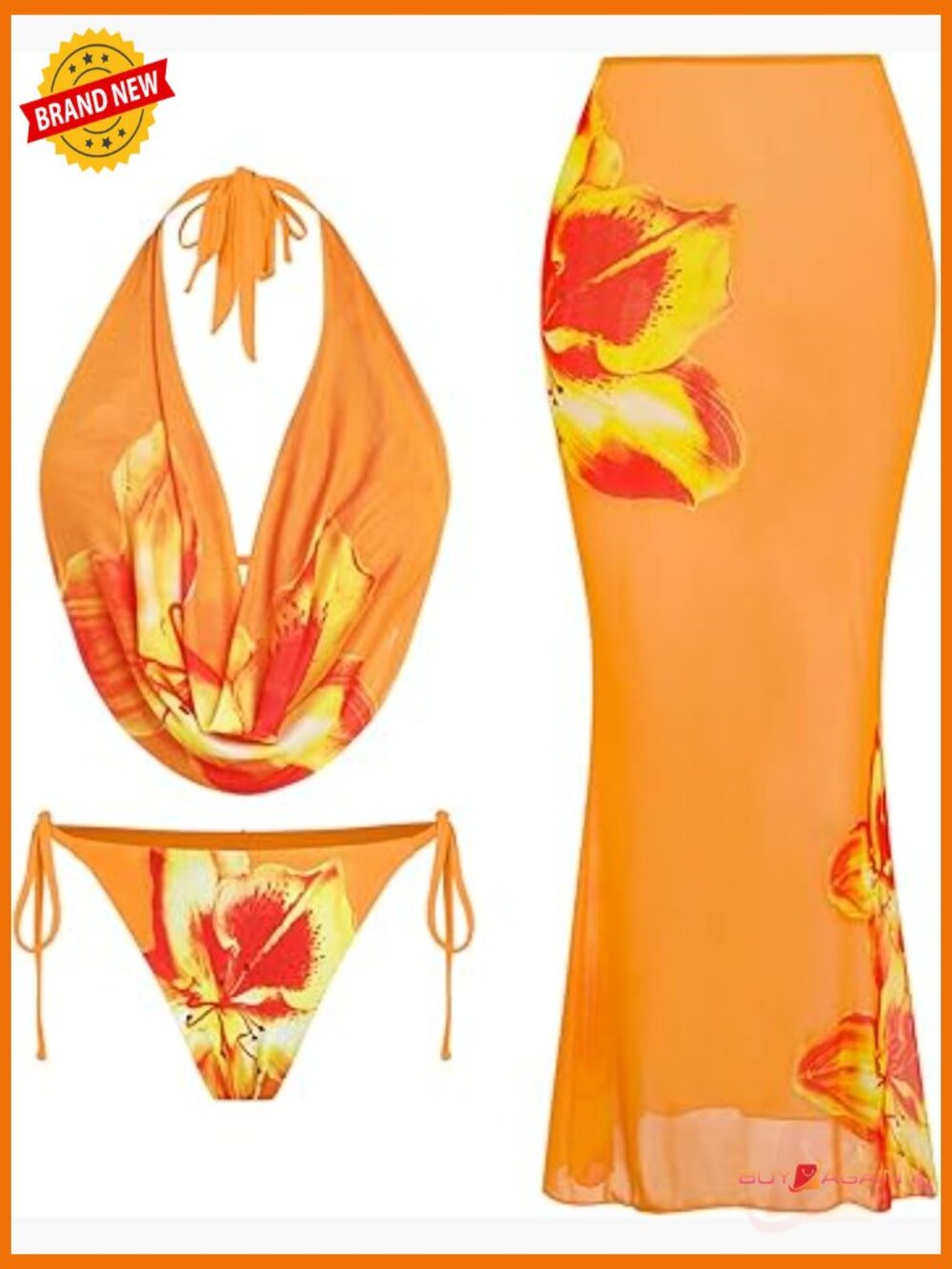 3 Piece Floral Bikini Set with Sheer Cover Up Skirt